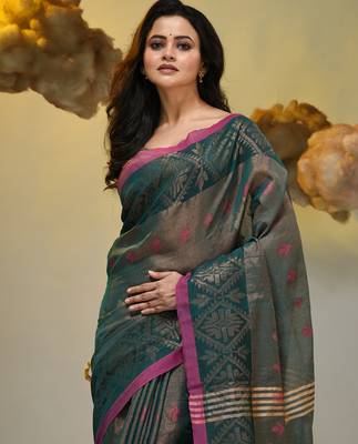 Teal tissue handwoven soft saree with texture designs 5