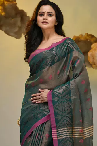Teal tissue handwoven soft saree with texture designs