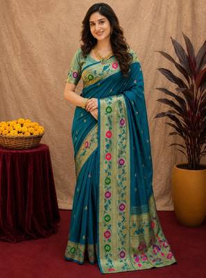 Teal blue soft silk blend banarasi jacuard work pethani saree with unstitched blouse piece 2