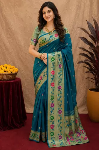 Teal blue soft silk blend banarasi jacuard work pethani saree with unstitched blouse piece