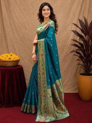 Teal blue soft silk blend banarasi jacuard work pethani saree with unstitched blouse piece 3