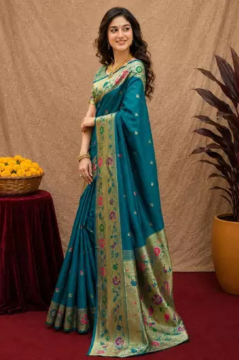 Teal blue soft silk blend banarasi jacuard work pethani saree with unstitched blouse piece