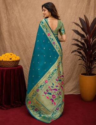 Teal blue soft silk blend banarasi jacuard work pethani saree with unstitched blouse piece 4