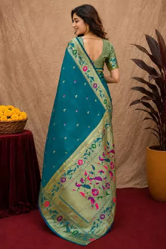 Teal blue soft silk blend banarasi jacuard work pethani saree with unstitched blouse piece
