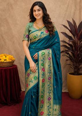 Teal blue soft silk blend banarasi jacuard work pethani saree with unstitched blouse piece 5