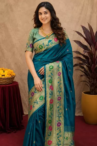 Teal blue soft silk blend banarasi jacuard work pethani saree with unstitched blouse piece