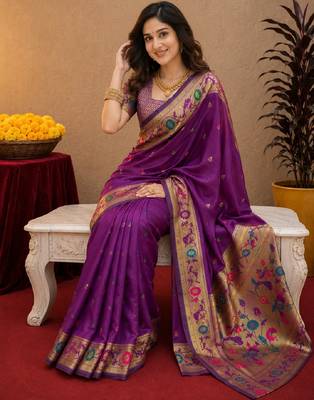 Purple soft silk blend banarasi jacuard work pethani saree with unstitched blouse piece 1