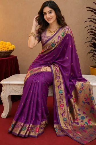 Purple soft silk blend banarasi jacuard work pethani saree with unstitched blouse piece