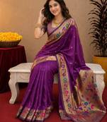 Purple soft silk blend banarasi jacuard work pethani saree with unstitched blouse piece