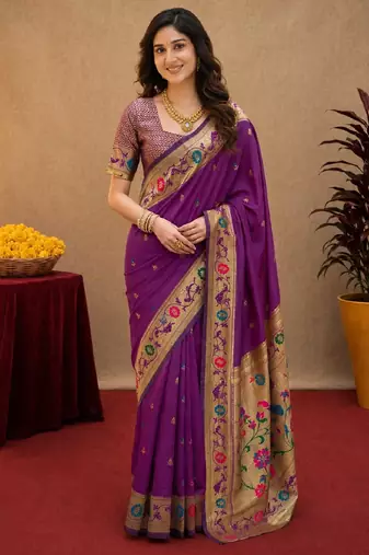 Purple soft silk blend banarasi jacuard work pethani saree with unstitched blouse piece
