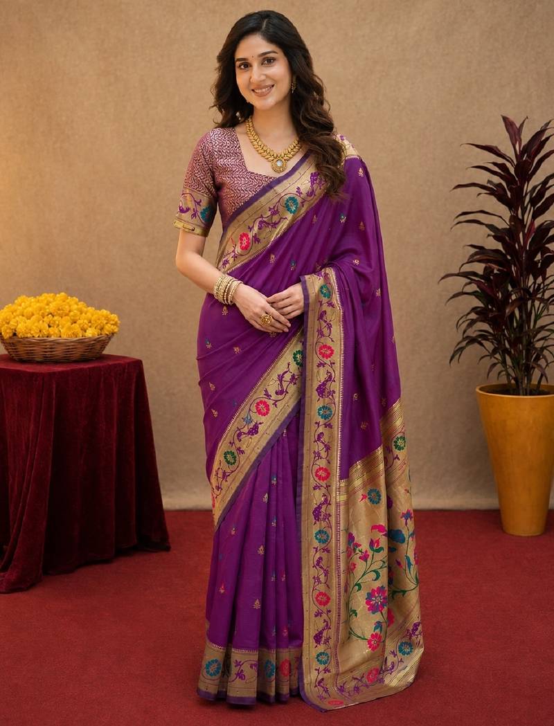 Purple soft silk blend banarasi jacuard work pethani saree with unstitched blouse piece