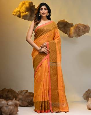 Orange tissue handwoven soft saree with texture designs 1