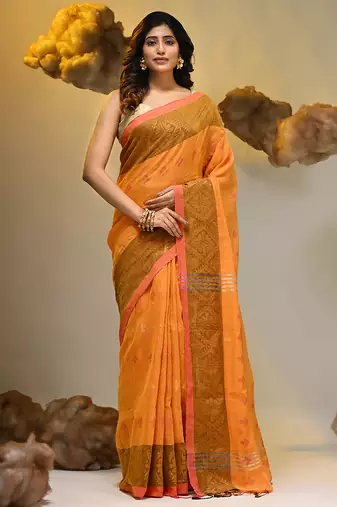 Orange tissue handwoven soft saree with texture designs