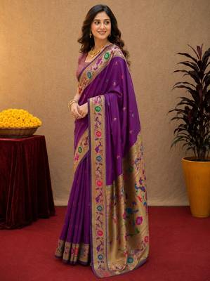 Purple soft silk blend banarasi jacuard work pethani saree with unstitched blouse piece 3