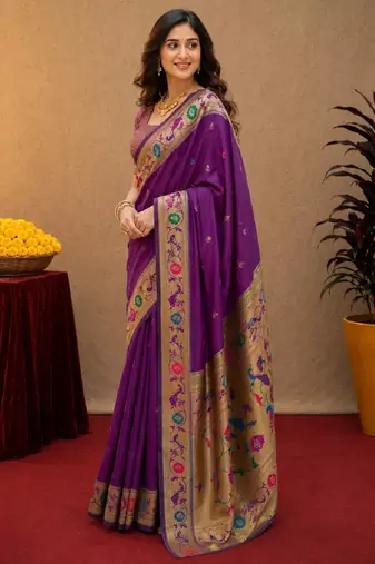 Purple soft silk blend banarasi jacuard work pethani saree with unstitched blouse piece