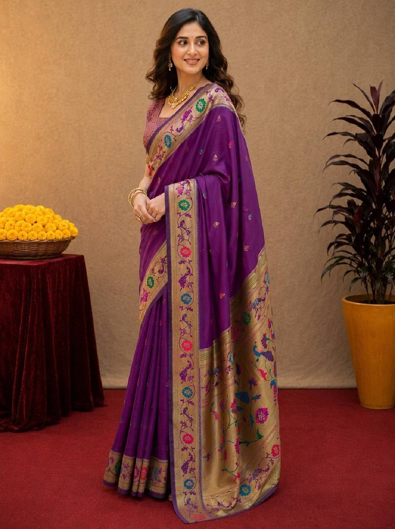 Purple soft silk blend banarasi jacuard work pethani saree with unstitched blouse piece