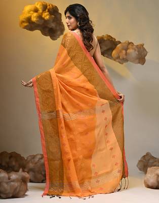 Orange tissue handwoven soft saree with texture designs 2