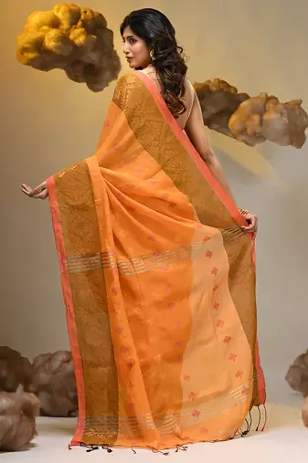 Orange tissue handwoven soft saree with texture designs