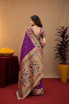 Purple soft silk blend banarasi jacuard work pethani saree with unstitched blouse piece 4