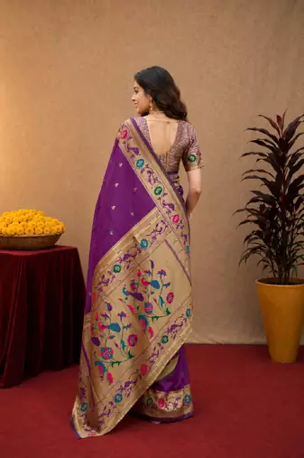 Purple soft silk blend banarasi jacuard work pethani saree with unstitched blouse piece