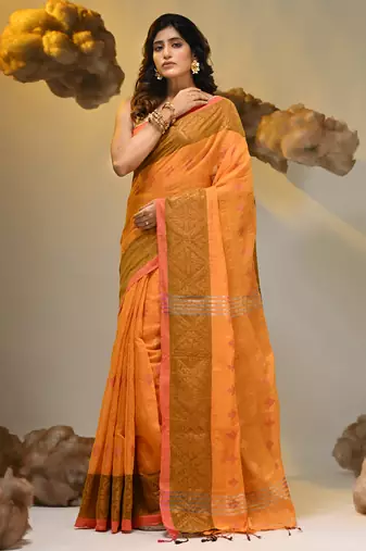Orange tissue handwoven soft saree with texture designs