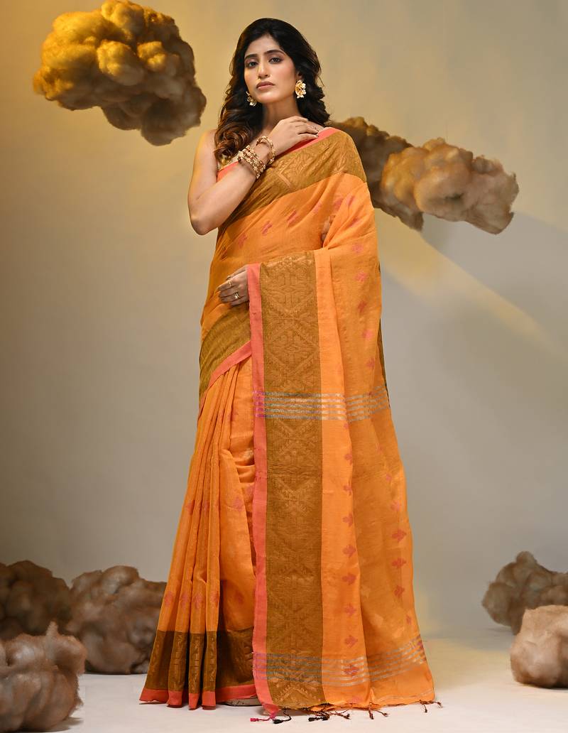 Orange tissue handwoven soft saree with texture designs