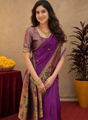 Purple soft silk blend banarasi jacuard work pethani saree with unstitched blouse piece 5