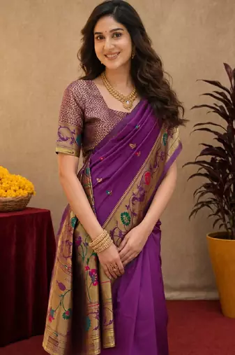 Purple soft silk blend banarasi jacuard work pethani saree with unstitched blouse piece