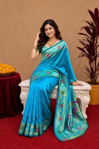 Turquoise soft silk blend banarasi jacuard work pethani saree with unstitched blouse piece