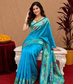 Turquoise soft silk blend banarasi jacuard work pethani saree with unstitched blouse piece