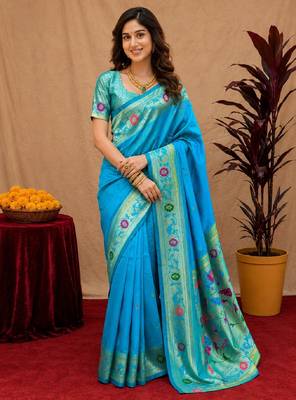 Turquoise soft silk blend banarasi jacuard work pethani saree with unstitched blouse piece 2