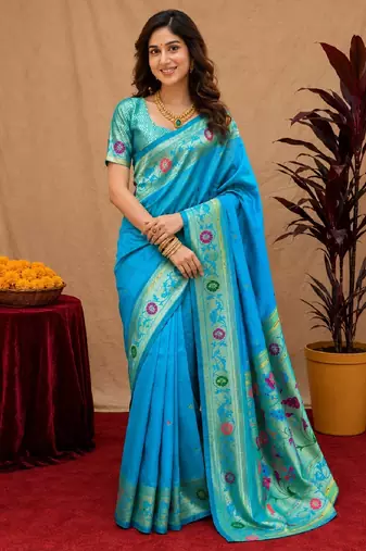 Turquoise soft silk blend banarasi jacuard work pethani saree with unstitched blouse piece