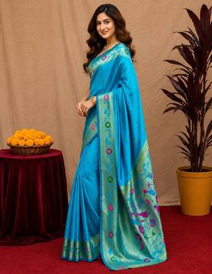 Turquoise soft silk blend banarasi jacuard work pethani saree with unstitched blouse piece 3