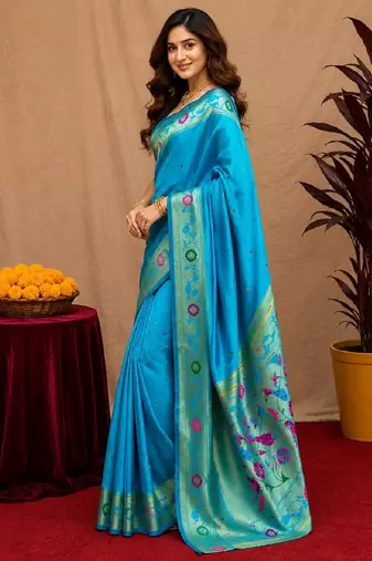 Turquoise soft silk blend banarasi jacuard work pethani saree with unstitched blouse piece