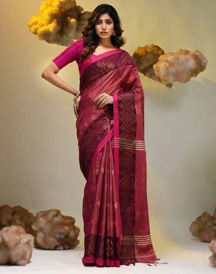 Magenta tissue handwoven soft saree with texture designs 1