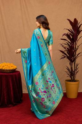 Turquoise soft silk blend banarasi jacuard work pethani saree with unstitched blouse piece 4