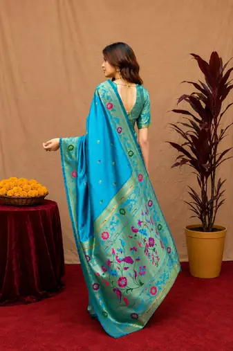 Turquoise soft silk blend banarasi jacuard work pethani saree with unstitched blouse piece