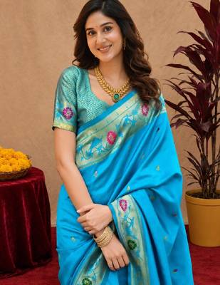 Turquoise soft silk blend banarasi jacuard work pethani saree with unstitched blouse piece 5