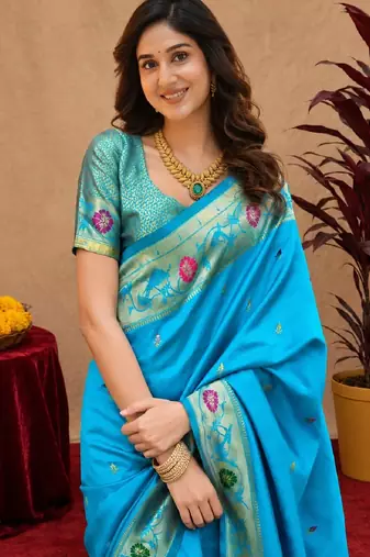 Turquoise soft silk blend banarasi jacuard work pethani saree with unstitched blouse piece