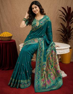 Teal blue soft silk blend banarasi jacuard work pethani saree with unstitched blouse piece 1