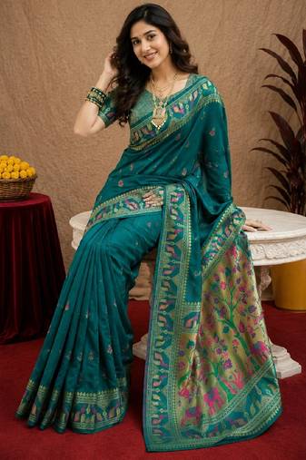 Teal blue soft silk blend banarasi jacuard work pethani saree with unstitched blouse piece