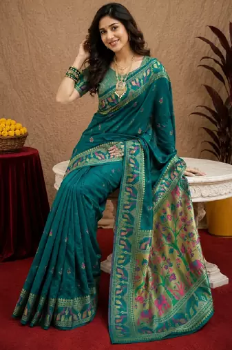 Teal blue soft silk blend banarasi jacuard work pethani saree with unstitched blouse piece