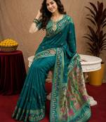 Teal blue soft silk blend banarasi jacuard work pethani saree with unstitched blouse piece