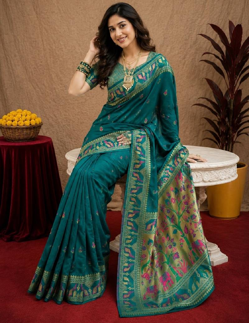 Teal blue soft silk blend banarasi jacuard work pethani saree with unstitched blouse piece