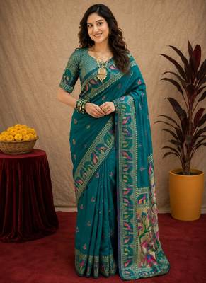 Teal blue soft silk blend banarasi jacuard work pethani saree with unstitched blouse piece 2