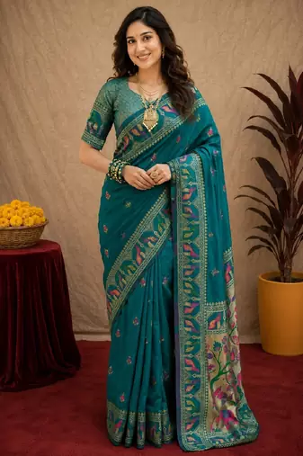 Teal blue soft silk blend banarasi jacuard work pethani saree with unstitched blouse piece