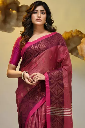 Magenta tissue handwoven soft saree with texture designs