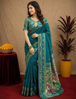 Teal blue soft silk blend banarasi jacuard work pethani saree with unstitched blouse piece 3