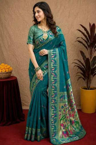 Teal blue soft silk blend banarasi jacuard work pethani saree with unstitched blouse piece
