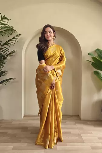 yellow coloer Zari All Over Pichwai Pattern Tilak Butti Motifs tissue saree
